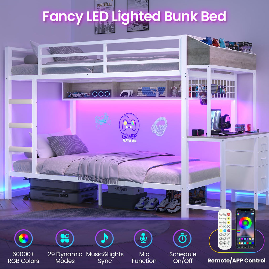 White Twin Over Twin Metal Bunk Bed with Desk and 3 Storage Drawers G1318
