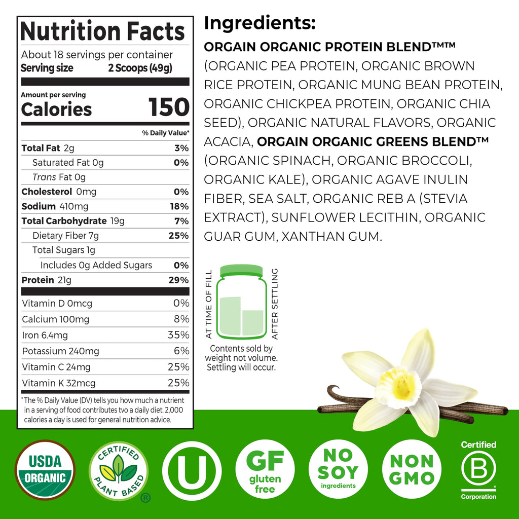 Organic Vegan Protein Powder + Greens Vanilla Bean 21g Plant Based Gluten Free Dairy Free 1.94lb T97235