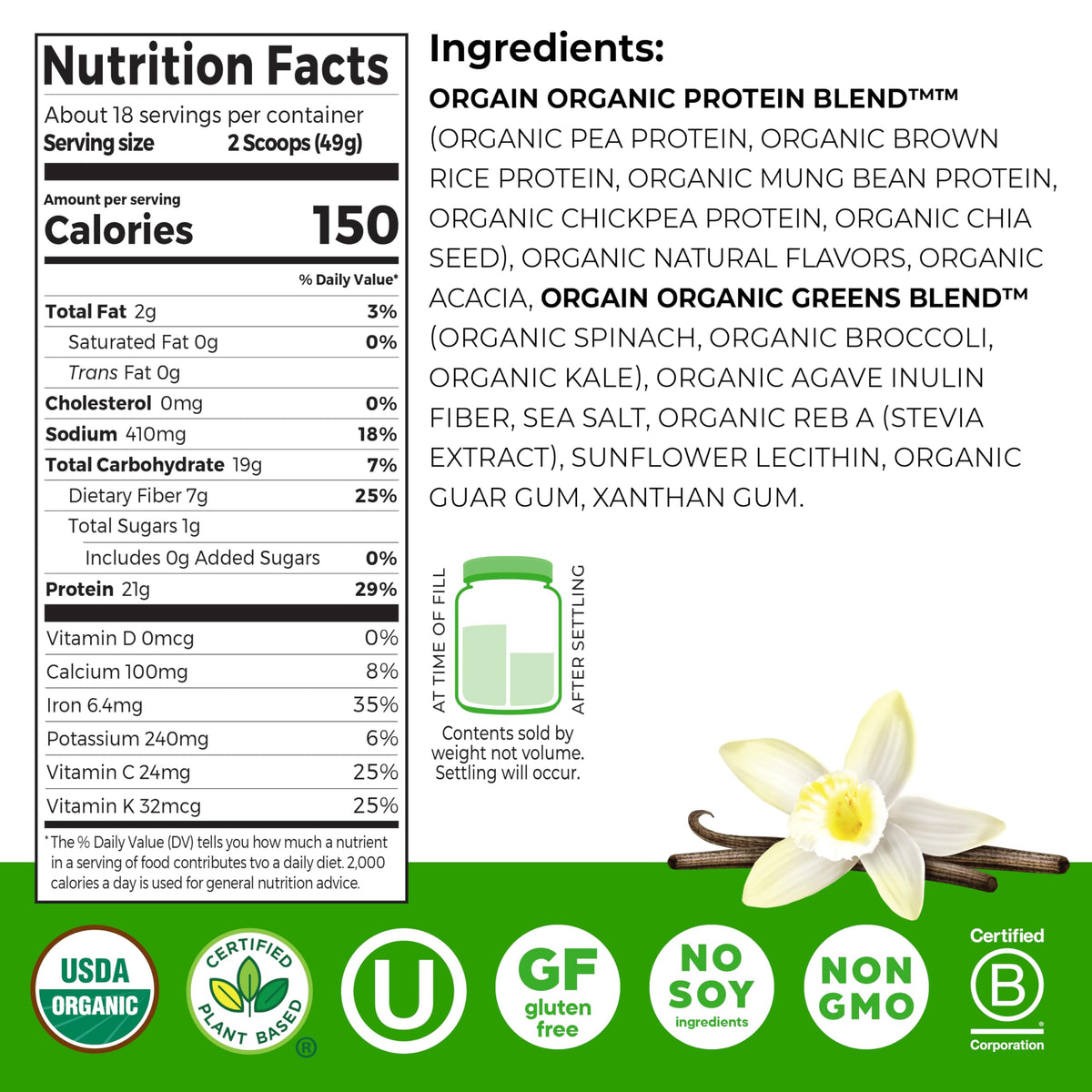 Organic Vegan Protein Powder + Greens Vanilla Bean 21g Plant Based Gluten Free Dairy Free 1.94lb T97235