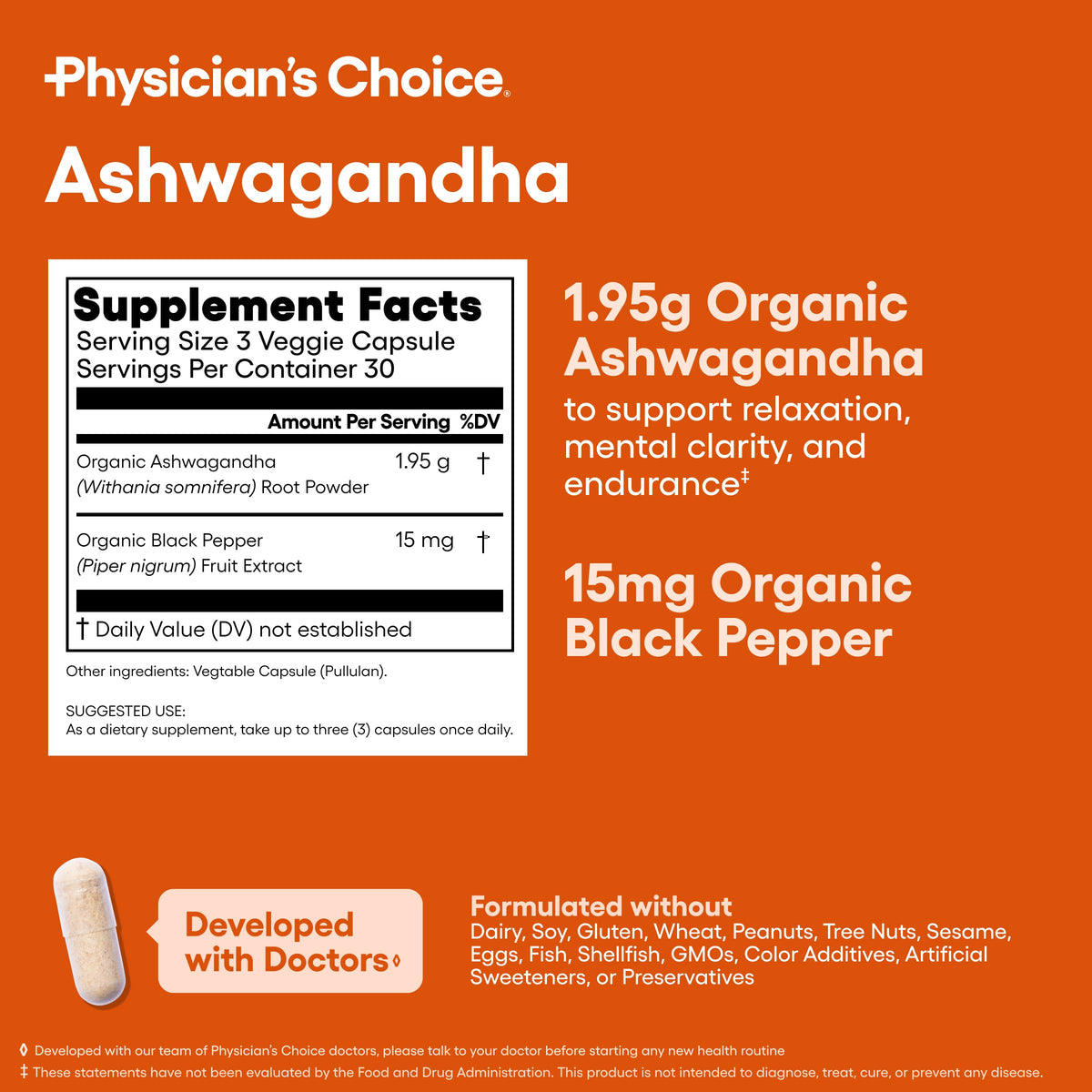 Organic Ashwagandha Root Powder 1950mg 90 Veggie Capsules A6788