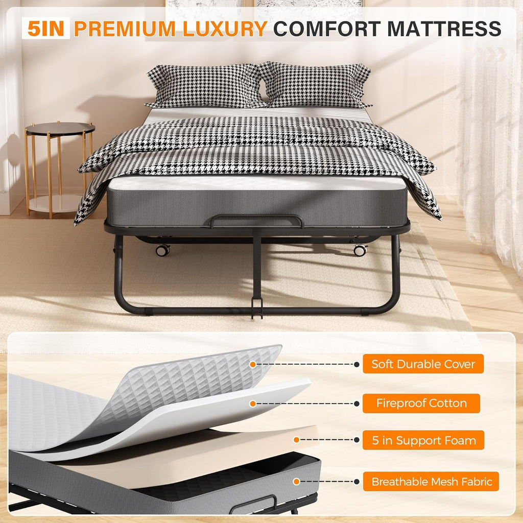 Foldable Single Bed with 5" Memory Foam Mattress and Wheels U89918