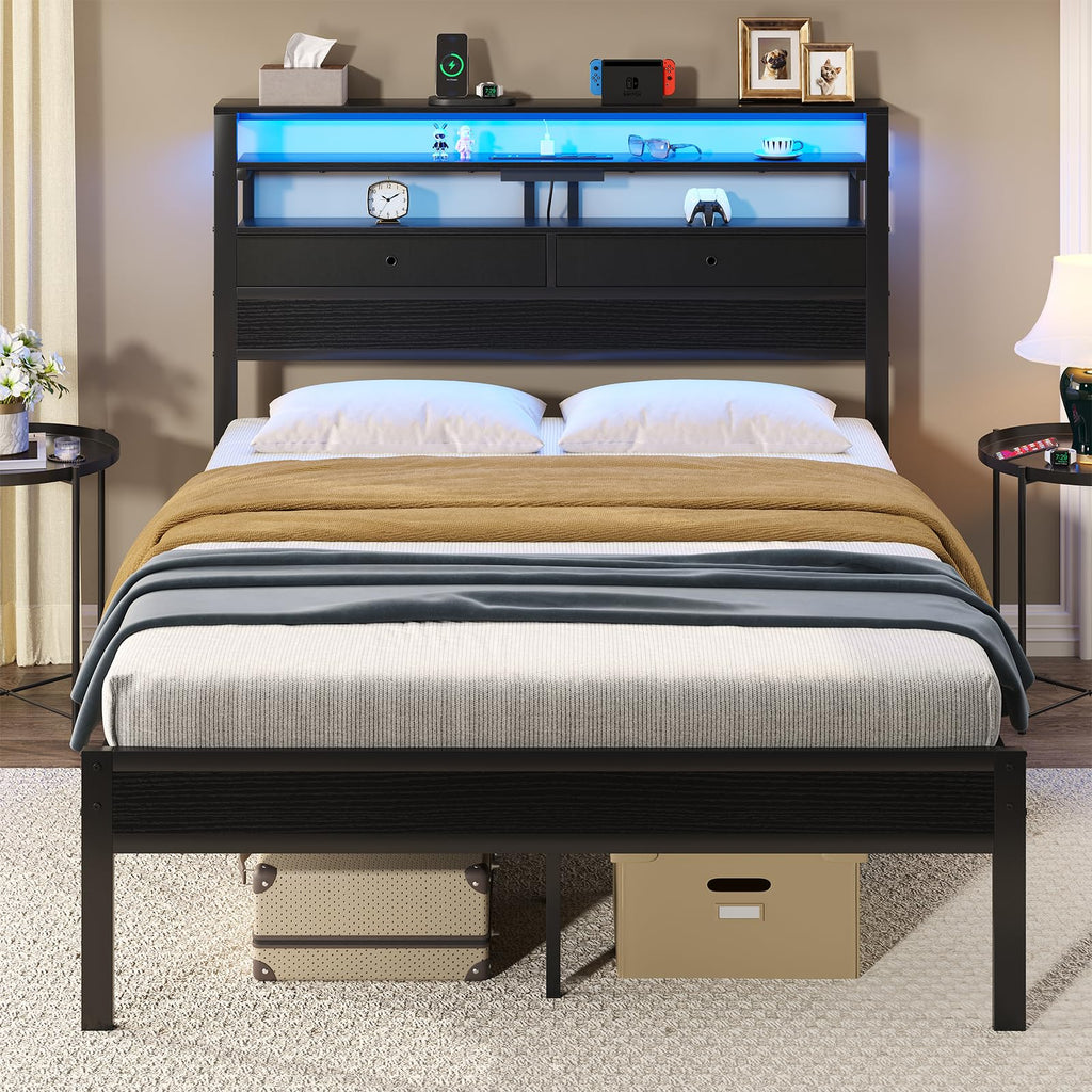 Queen Bed Frame with LED Lights and Charging Station E388026