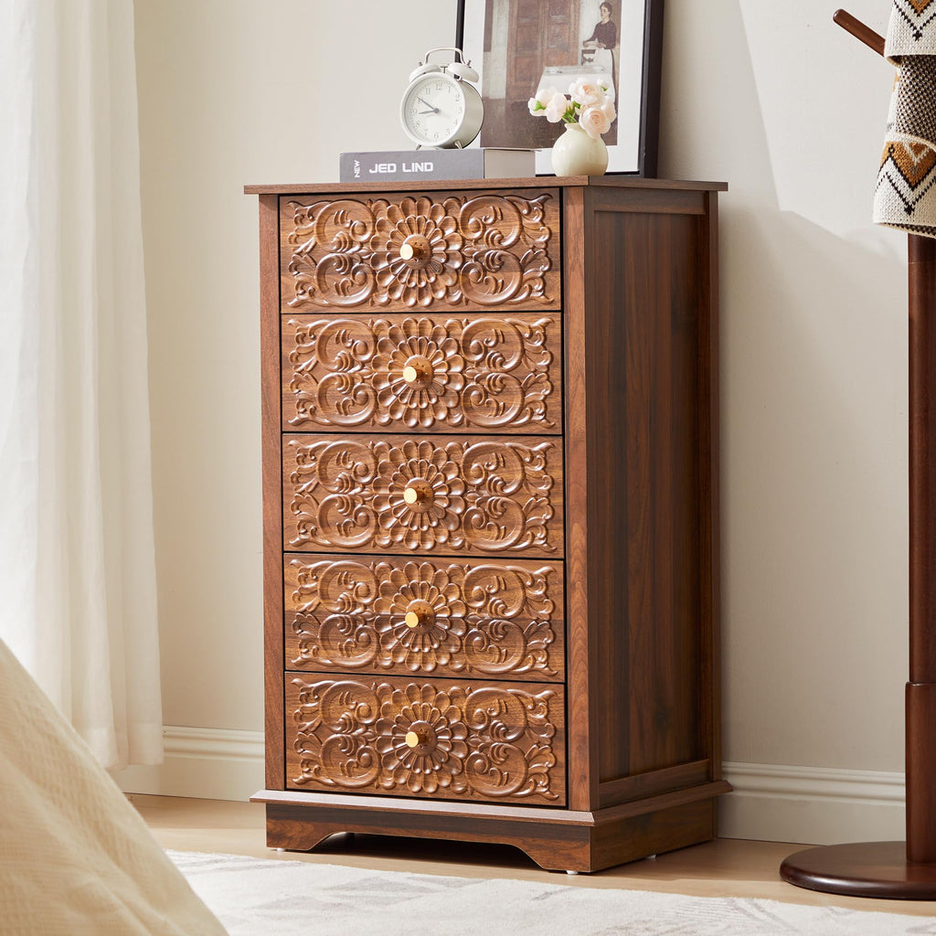 5 Drawer Narrow Wooden Dresser with Gold Handles N587