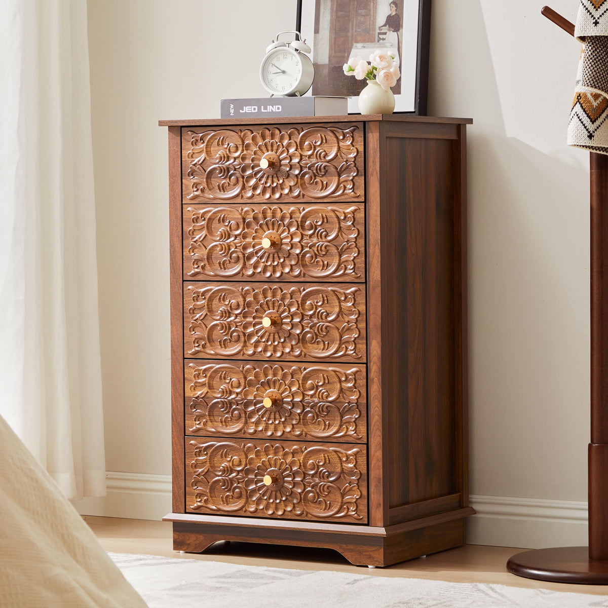 5 Drawer Narrow Wooden Dresser with Gold Handles N587