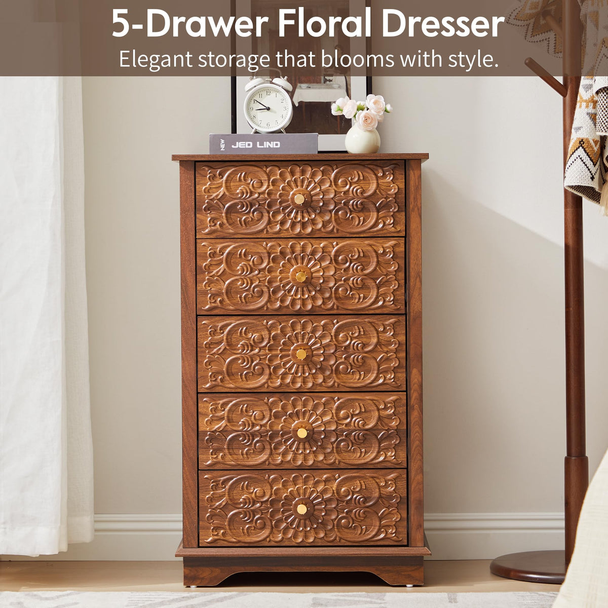 5 Drawer Narrow Wooden Dresser with Gold Handles N587