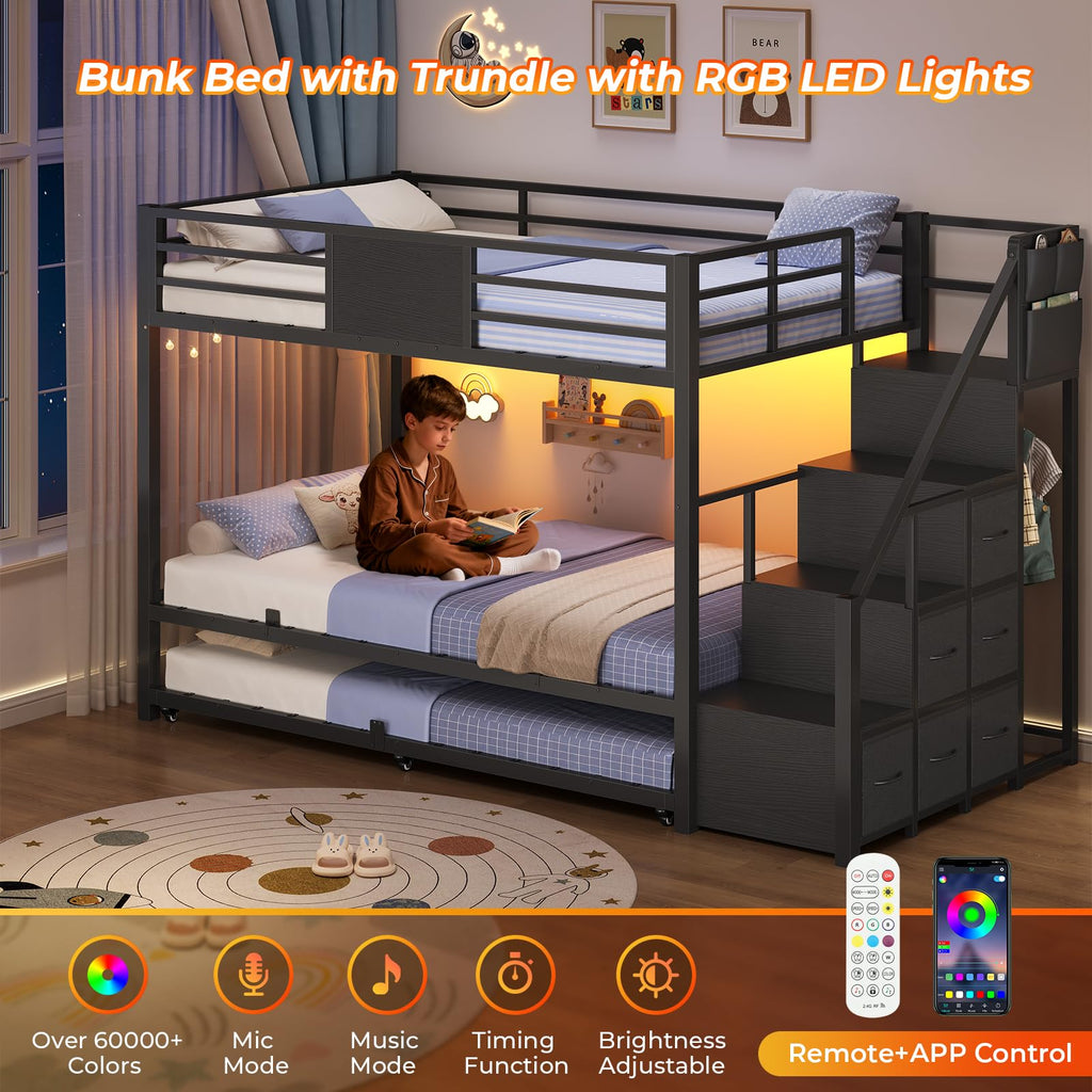 Twin Over Twin Bunk Bed with Trundle, Stairs, 6 Drawers, LED Lights L801