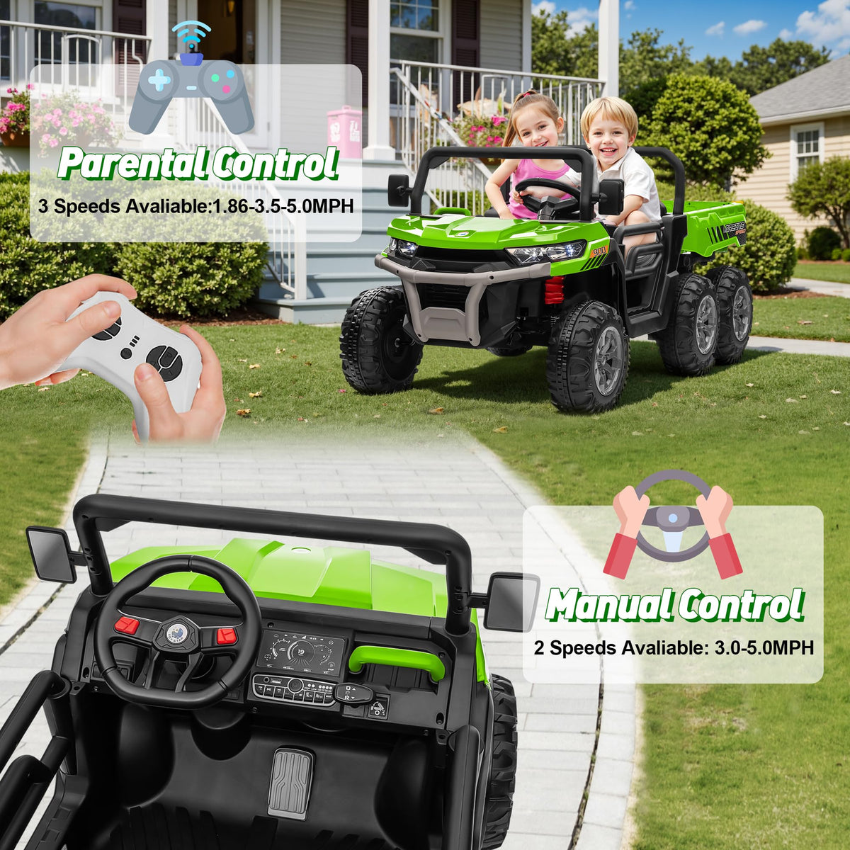 24V 2 Seater 4WD 6-Wheels Battery Powered Ride On Dump Truck A64984