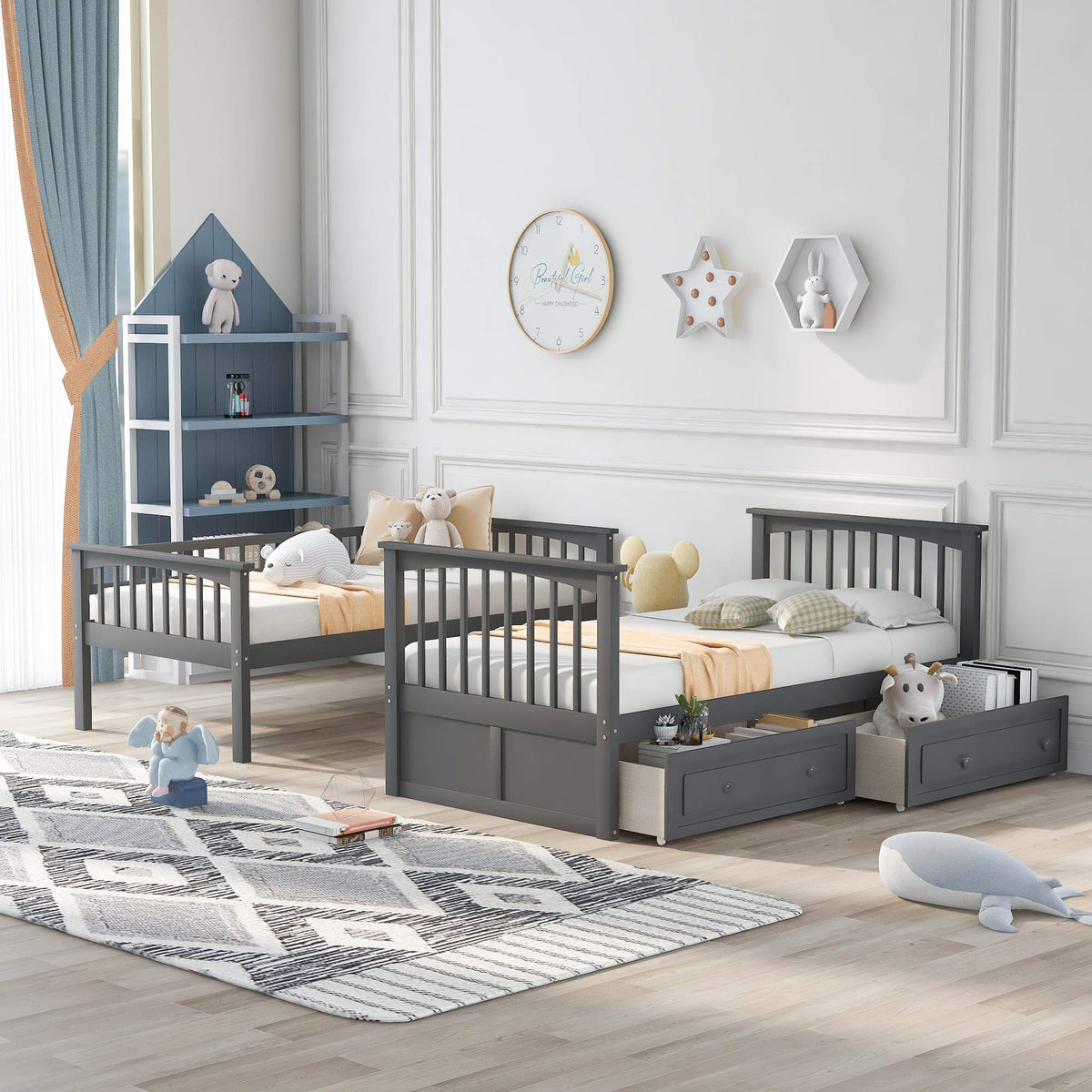 Grey Convertible Wood Twin-Over-Twin Bunk Bed with Storage Drawers and Ladder P7357