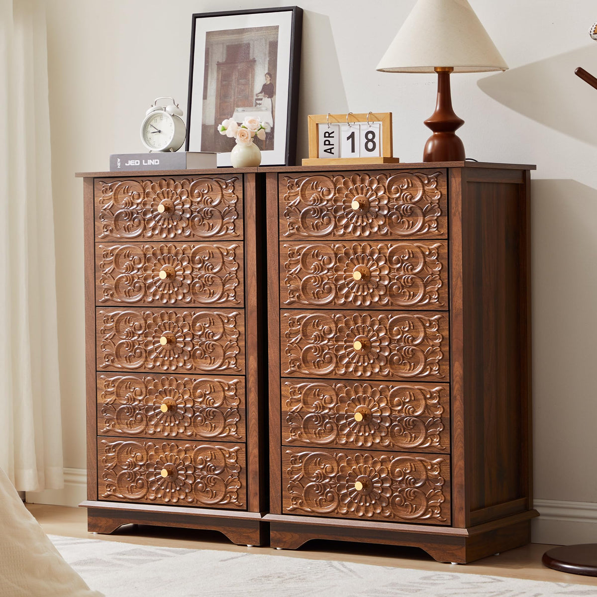 5 Drawer Narrow Wooden Dresser with Gold Handles N587