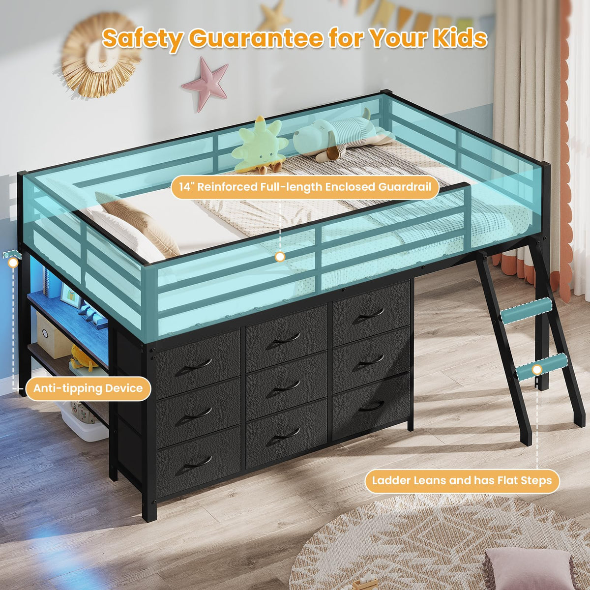 Twin Size Loft Bed with 9 Storage Drawers C826494