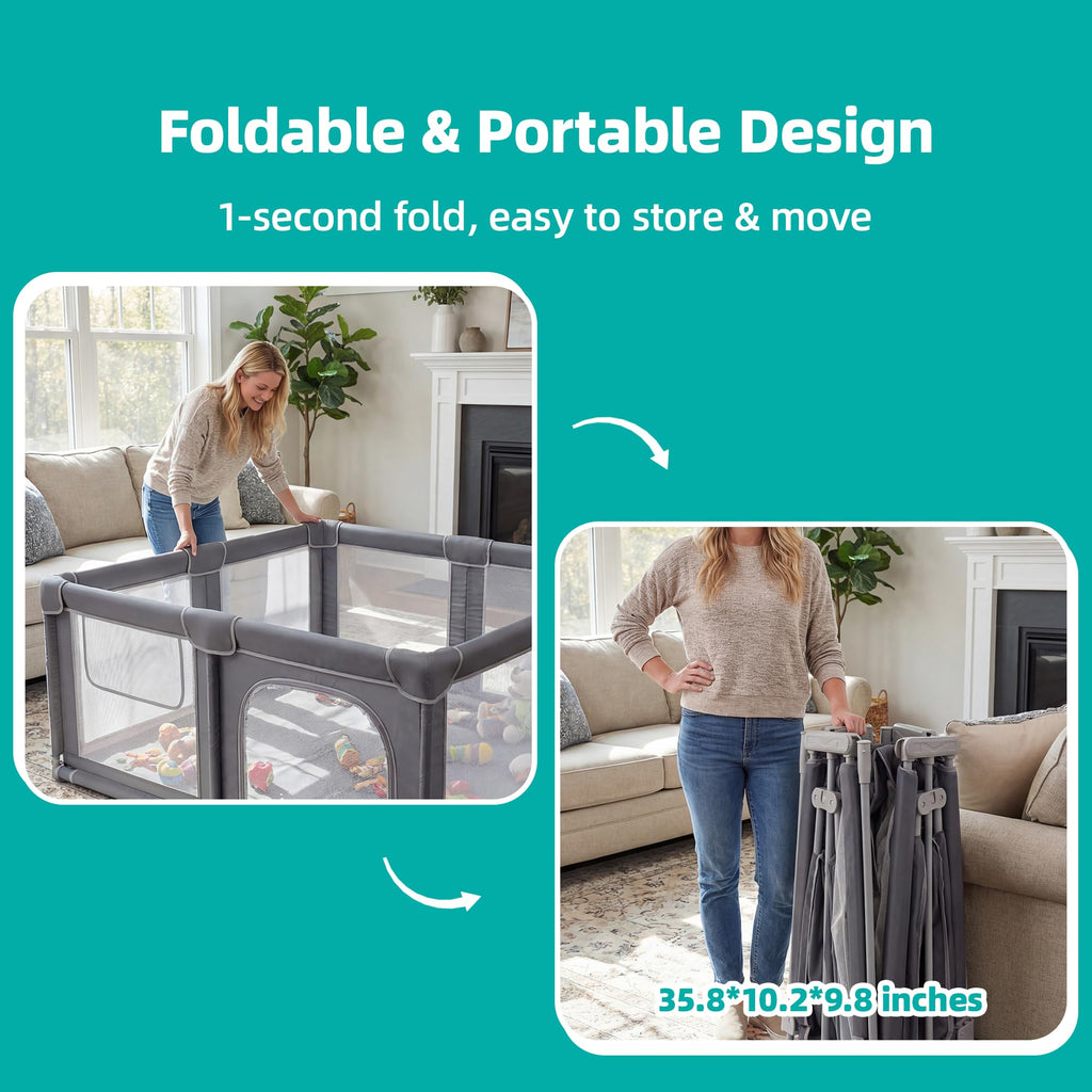 Foldable Baby Playpen with Mat, 71x59 Inches, Grey D271