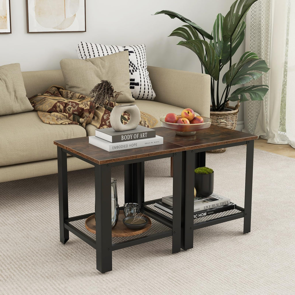 2-Tier End Table Set of 2, 16 Inch Side Table with Mesh Storage Shelf P686