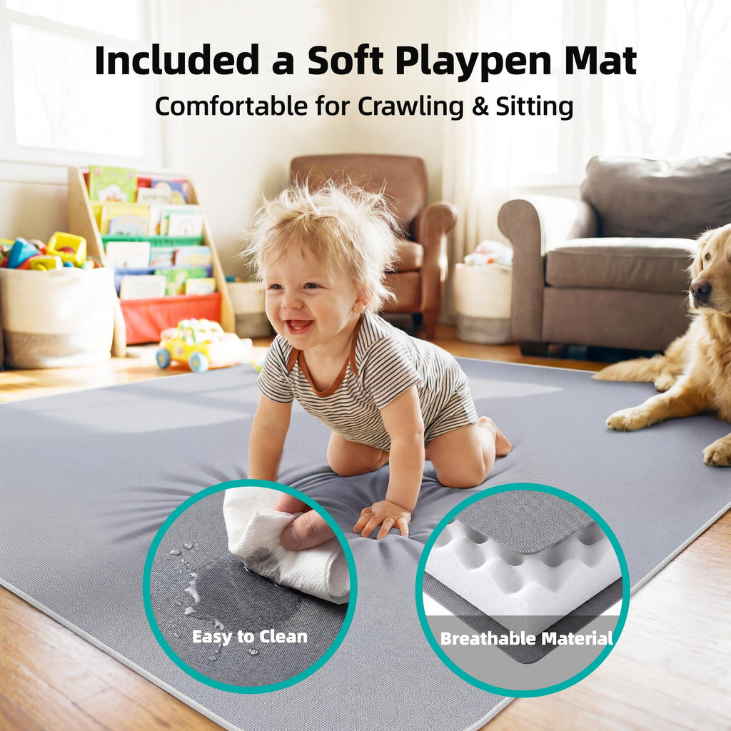 Foldable Baby Playpen with Mat, 71x59 Inches, Grey D271