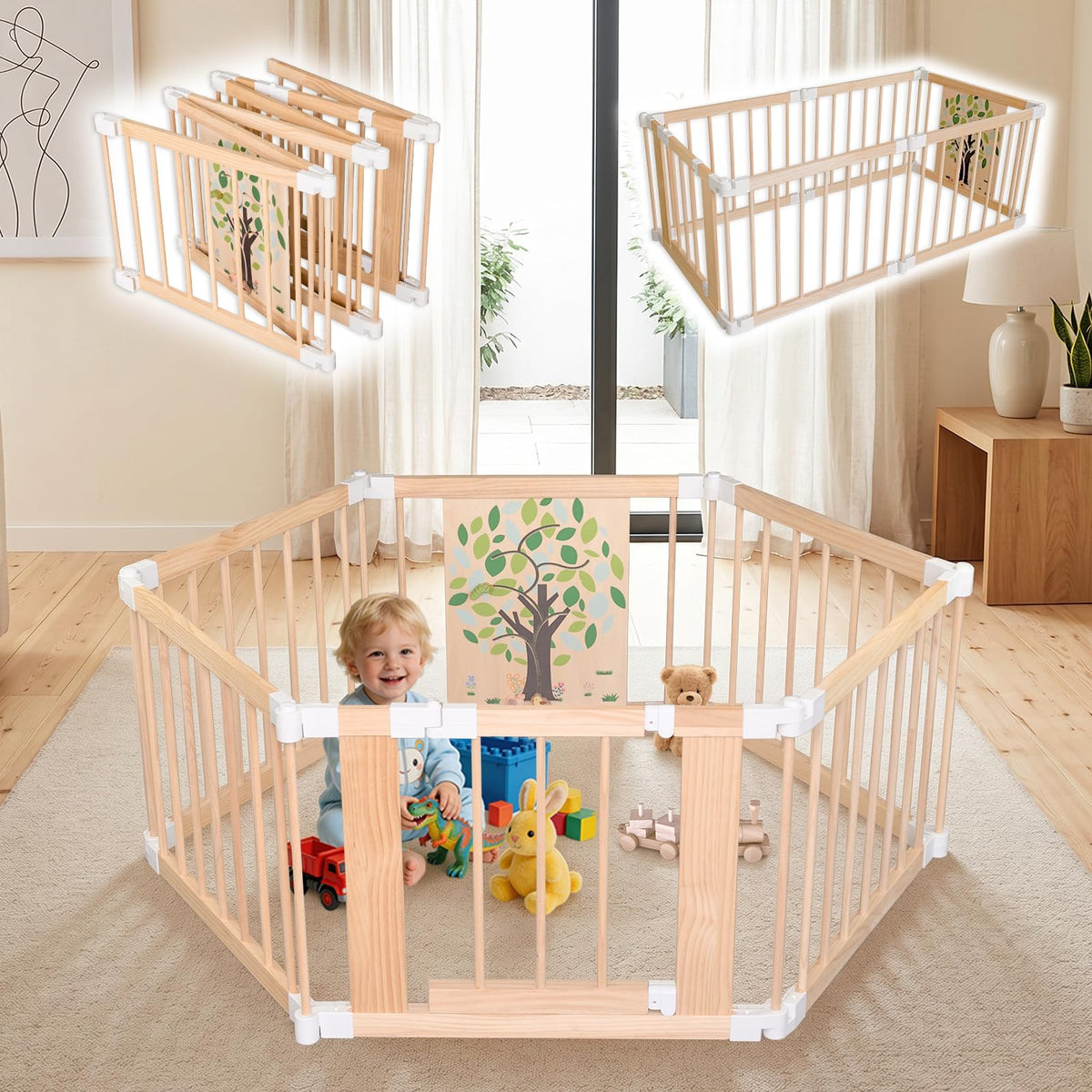 Foldable Wooden Baby Playpen with Adjustable Size and Shape W250859
