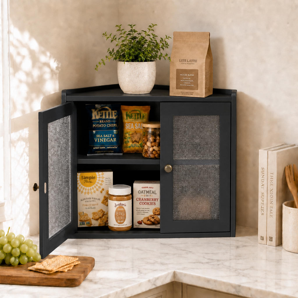 Black 2-Tier Wooden Corner Bread Box R745486