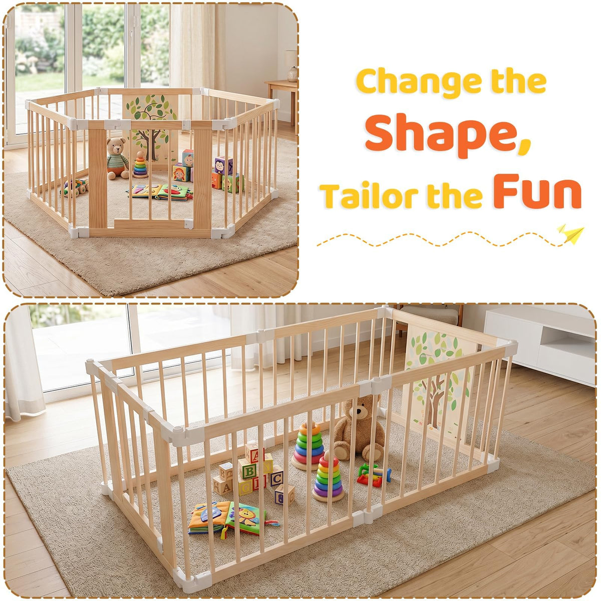 Foldable Wooden Baby Playpen with Adjustable Size and Shape W250859