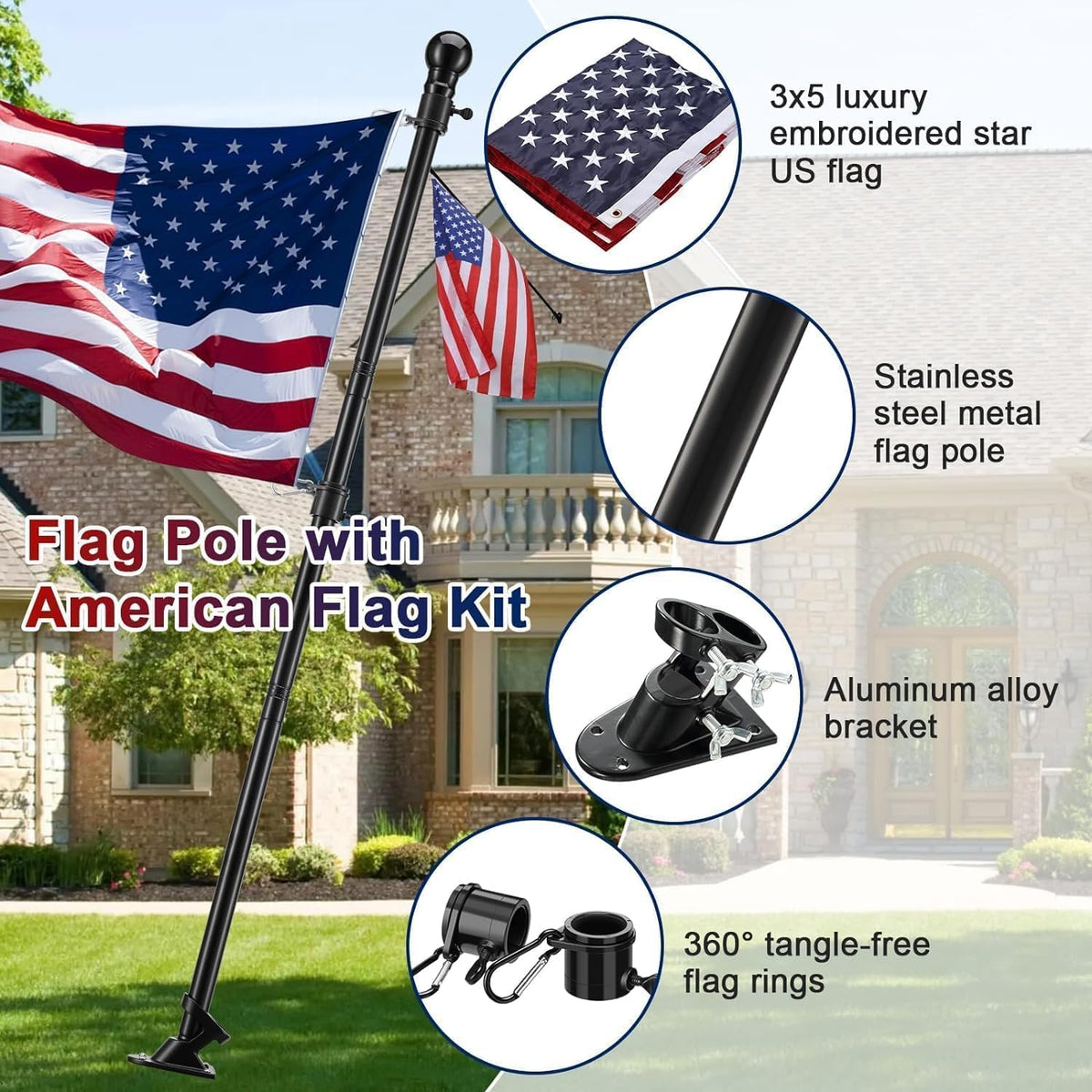 3x5 Embroidered American Flag with 5ft Flag Pole P802