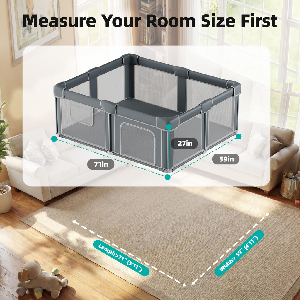 Foldable Baby Playpen with Mat, 71x59 Inches, Grey D271