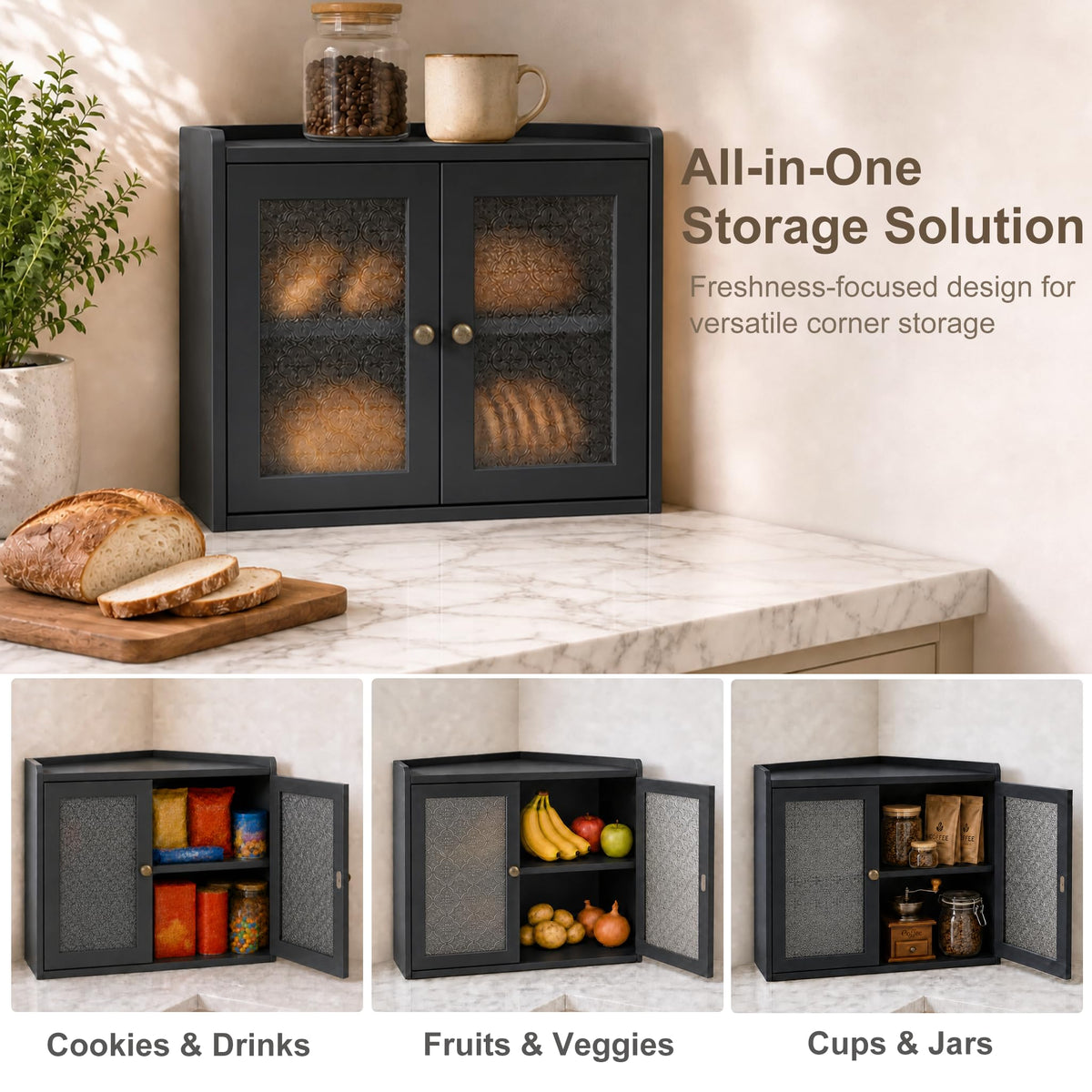 Black 2-Tier Wooden Corner Bread Box R745486