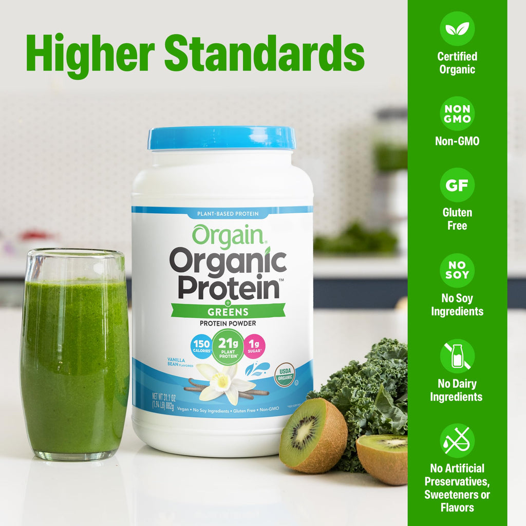 Organic Vegan Protein Powder + Greens Vanilla Bean 21g Plant Based Gluten Free Dairy Free 1.94lb T97235