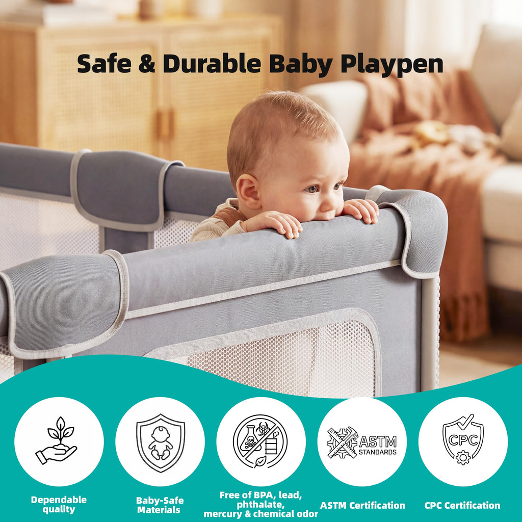 Foldable Baby Playpen with Mat, 71x59 Inches, Grey D271