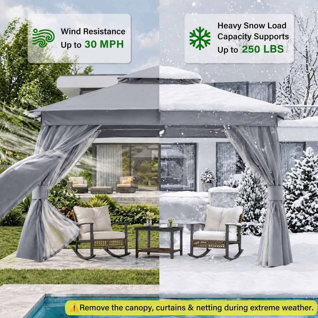 8x8 Gazebo Canopy with Netting, Curtains & Double Roof D887422