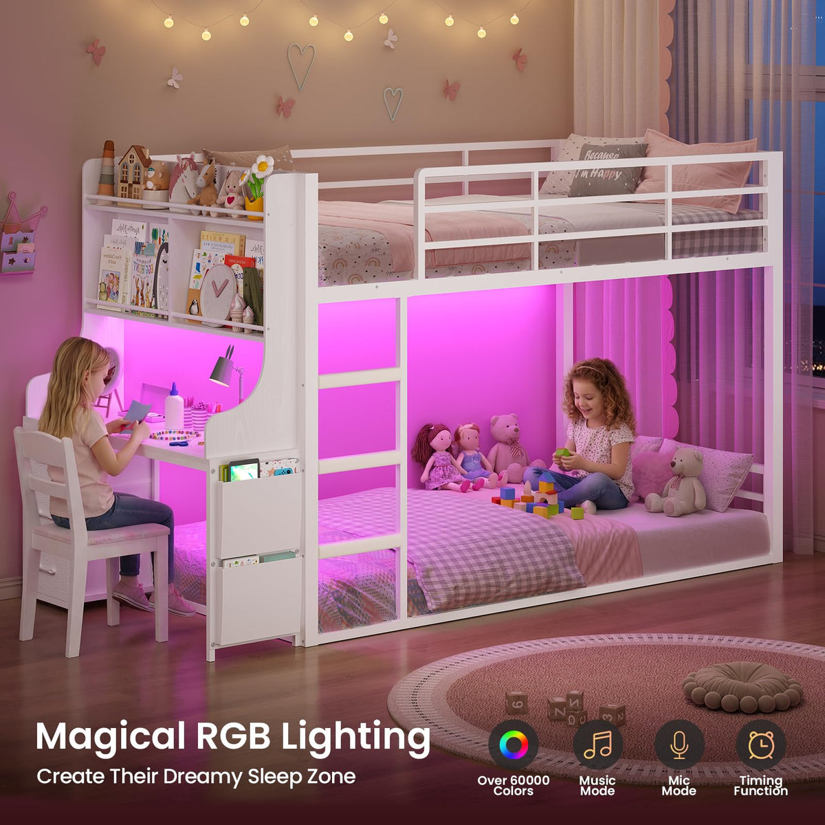 White Twin Over Twin Low Bunk Bed with Desk & 3 Storage Drawers A939983