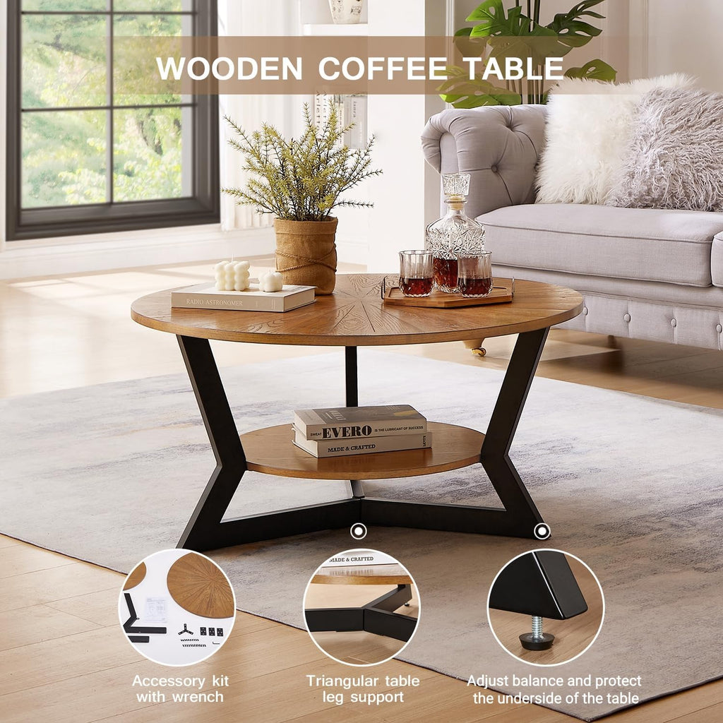 Brown 2-Tier Solid Wood Round Coffee Table I19197