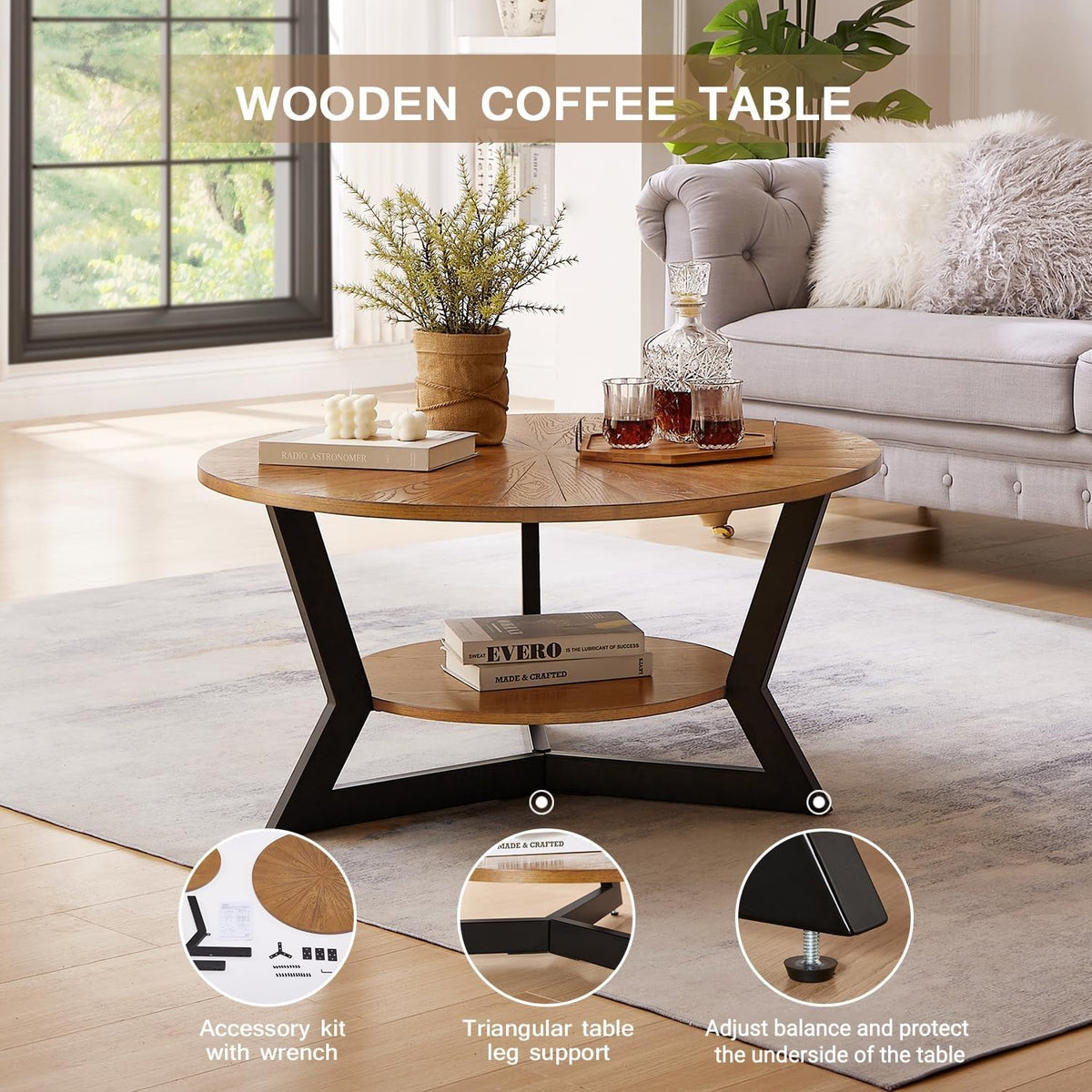 Brown 2-Tier Solid Wood Round Coffee Table I19197