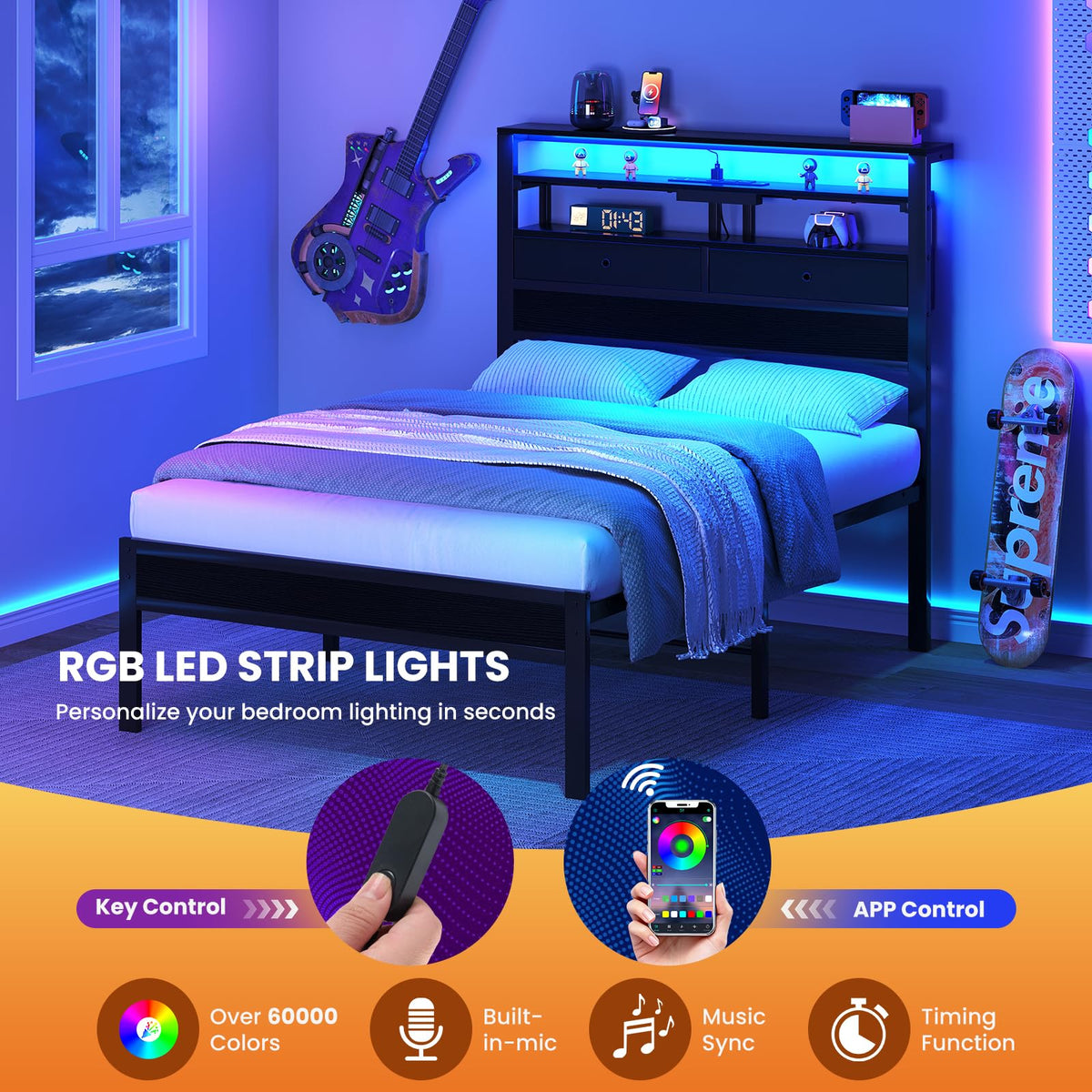 Queen Bed Frame with LED Lights and Charging Station E388026
