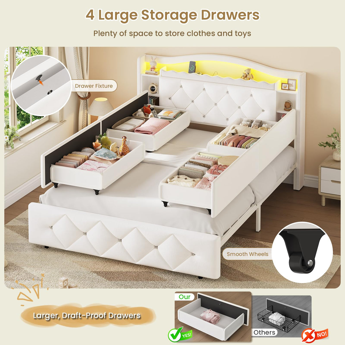 Full Size Velvet Upholstered Platform Bed with 4 Storage Drawers U99026