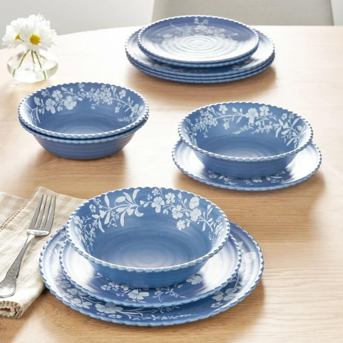 12-Piece Bamboo Melamine Dinnerware Set, Service for 4, Blue B417