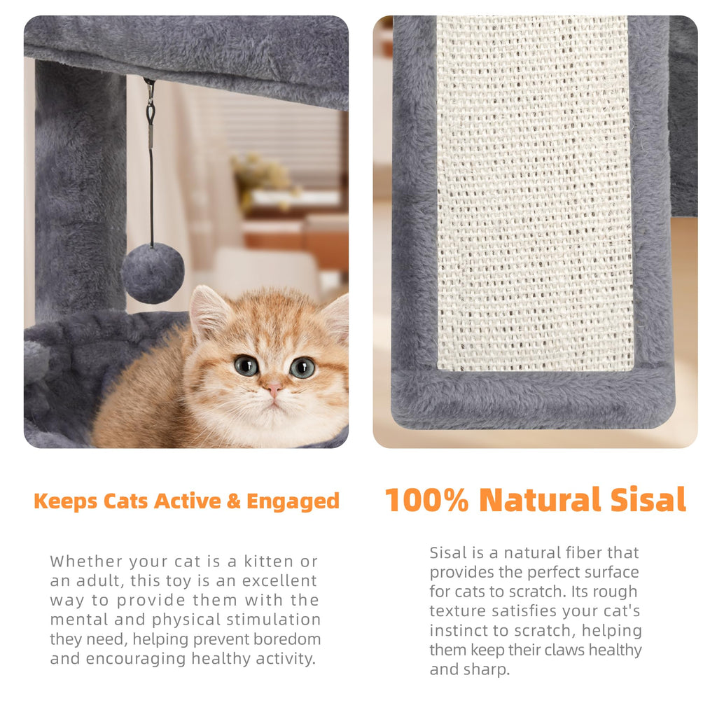 Cat Tree with Scratching Post and Hammock, Grey Y28422