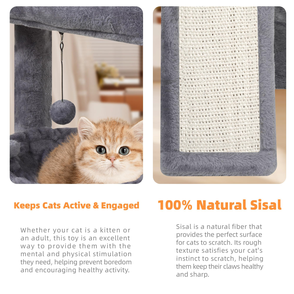 Cat Tree with Scratching Post and Hammock, Grey Y28422