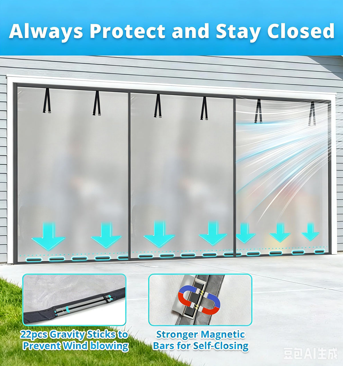 16x8FT Sliver Grey Magnetic Garage Door Screen with Fiberglass Mesh O41033