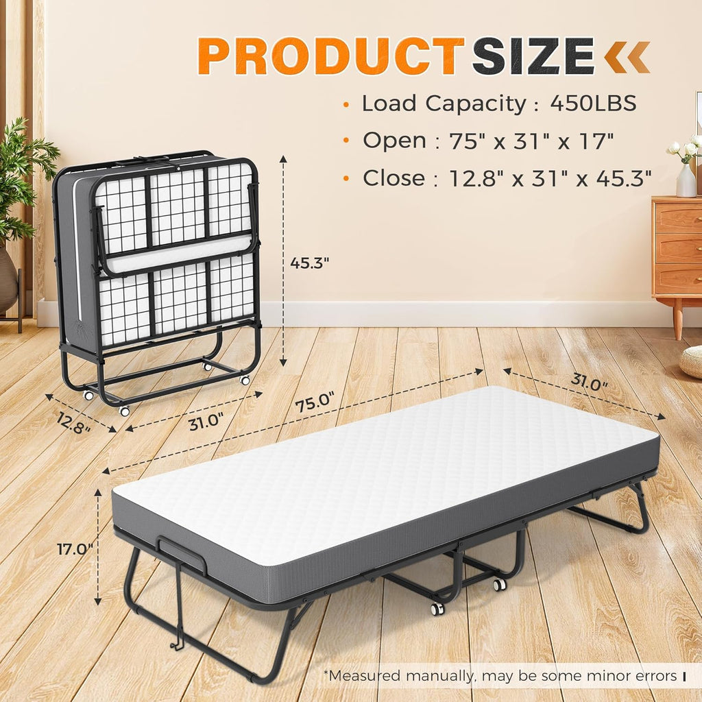 Foldable Single Bed with 5" Memory Foam Mattress and Wheels U89918