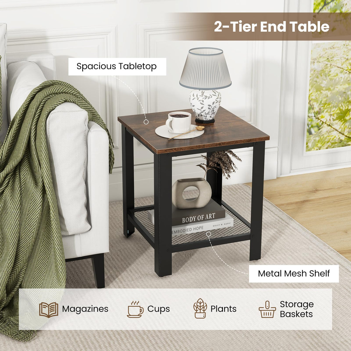 2-Tier End Table Set of 2, 16 Inch Side Table with Mesh Storage Shelf P686