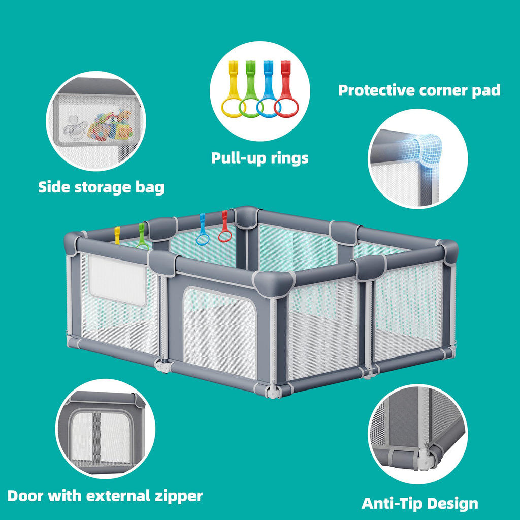 Foldable Baby Playpen with Mat, 71x59 Inches, Grey D271