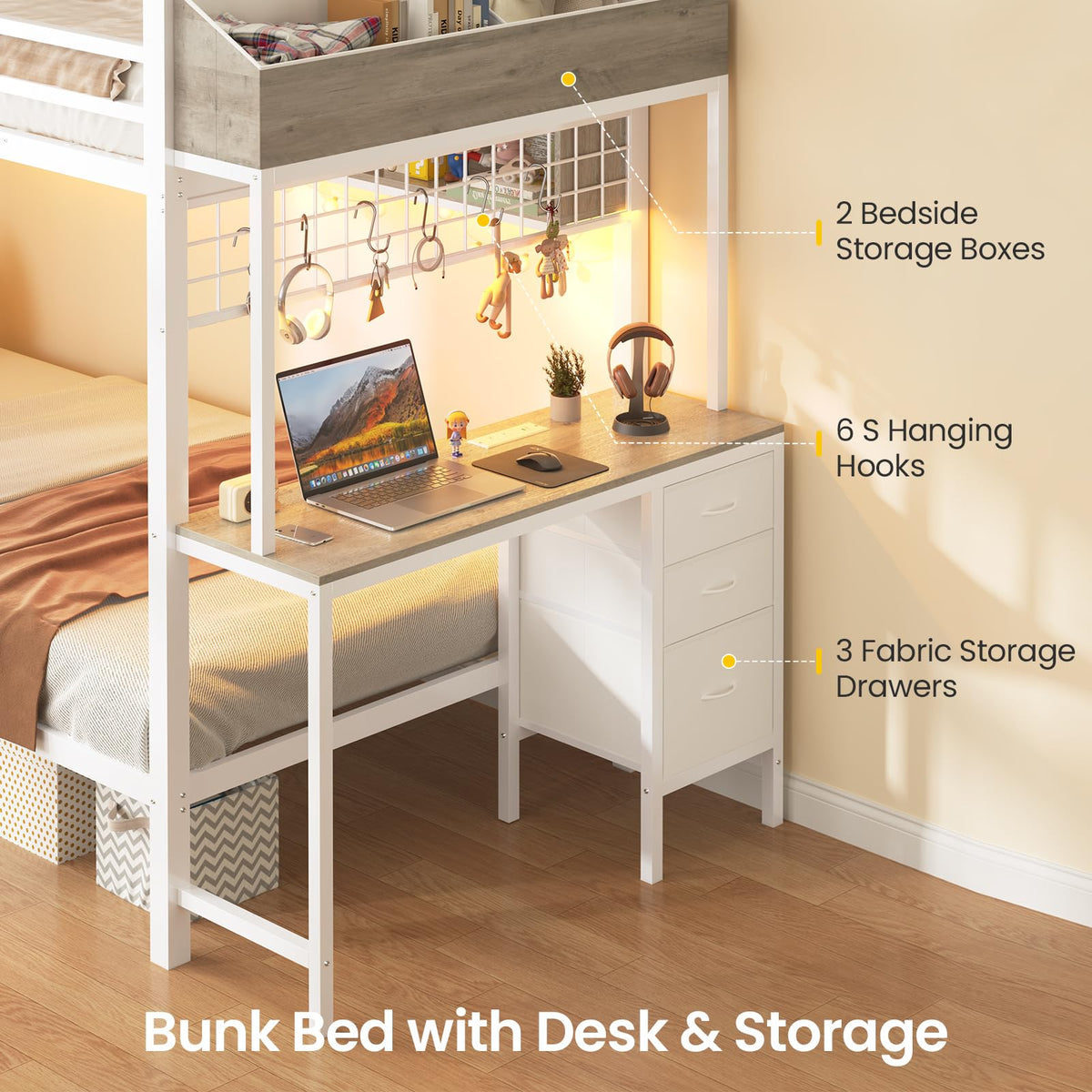 White Twin Over Twin Metal Bunk Bed with Desk and 3 Storage Drawers G1318