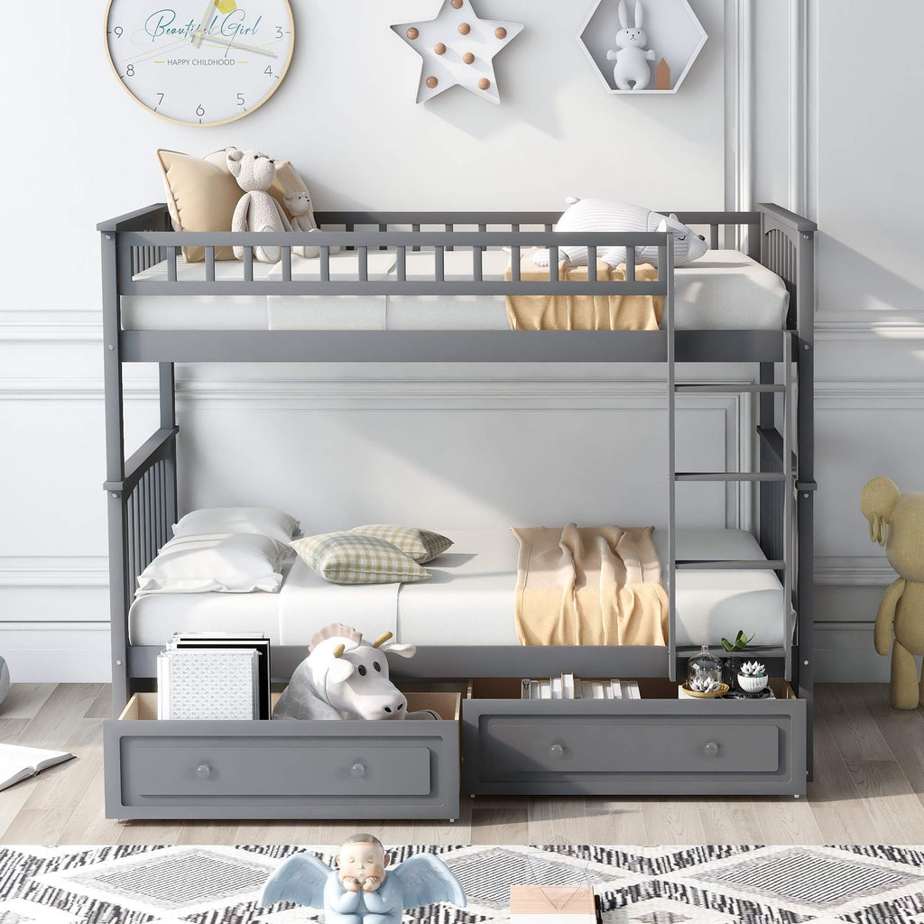 Grey Convertible Wood Twin-Over-Twin Bunk Bed with Storage Drawers and Ladder P7357
