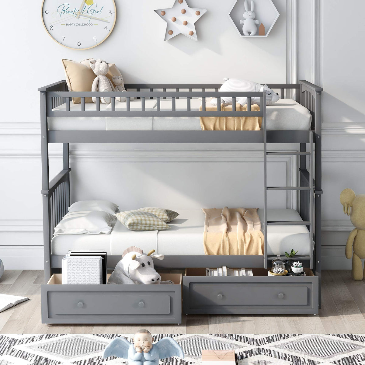 Grey Convertible Wood Twin-Over-Twin Bunk Bed with Storage Drawers and Ladder P7357
