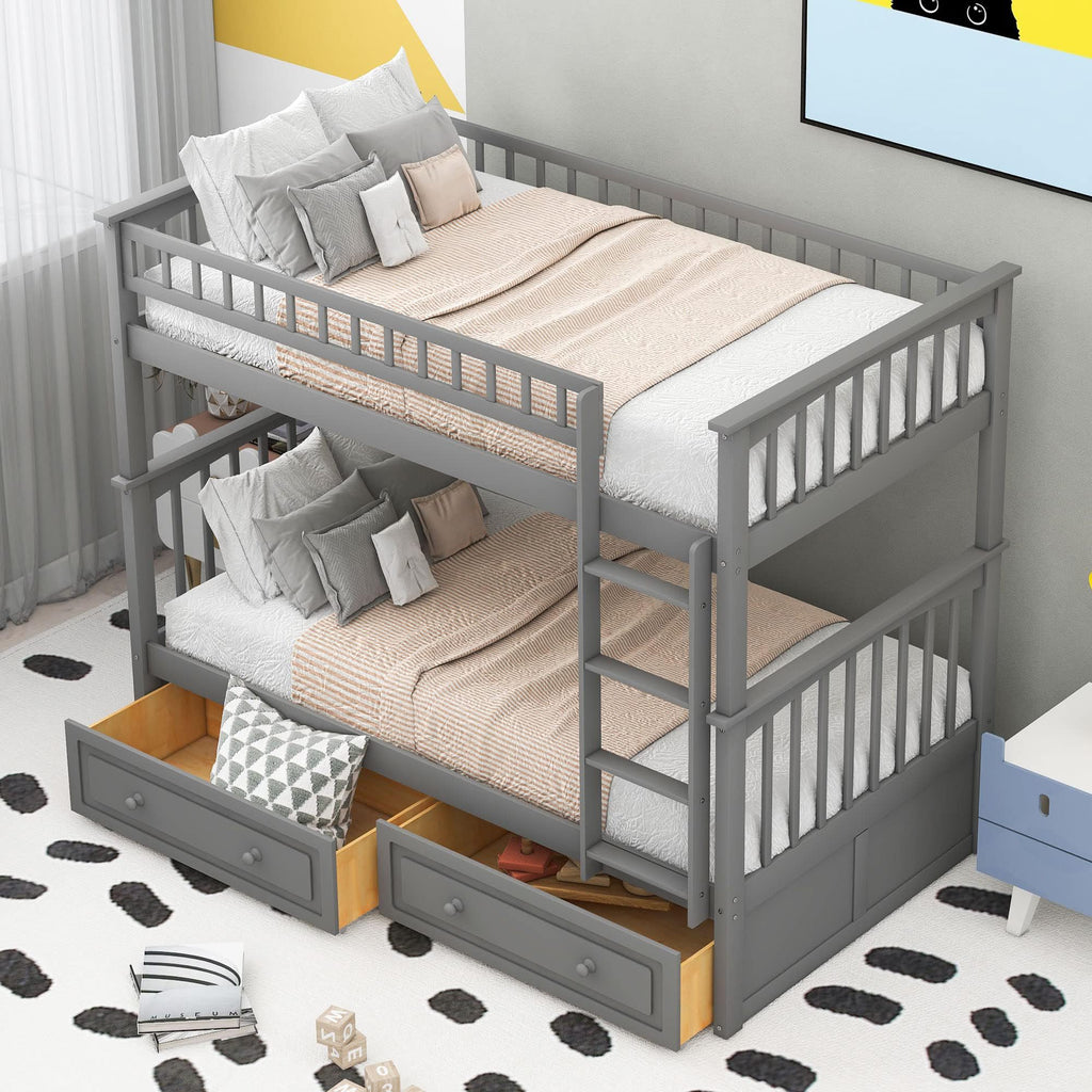 Grey Convertible Wood Twin-Over-Twin Bunk Bed with Storage Drawers and Ladder P7357