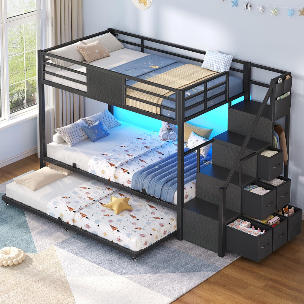 Twin Over Twin Bunk Bed with Trundle, Stairs, 6 Drawers, LED Lights L801