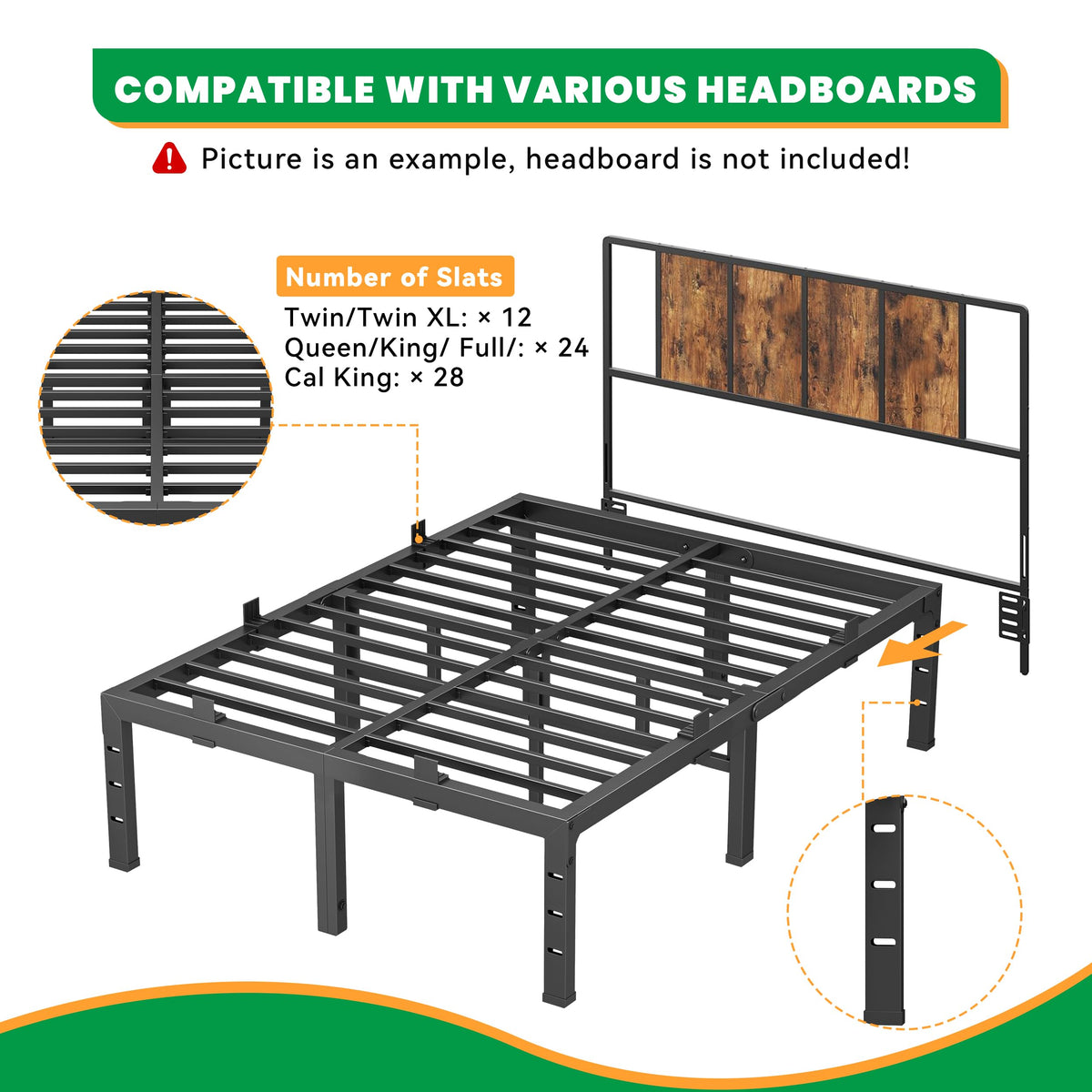 16 Inch King Size Black Metal Platform Bed Frame I529006