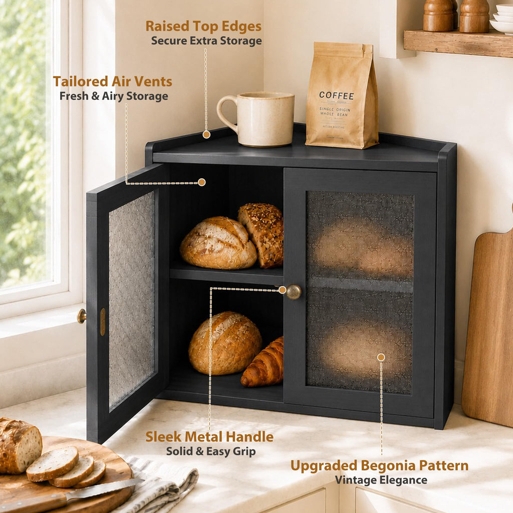 Black 2-Tier Wooden Corner Bread Box R745486