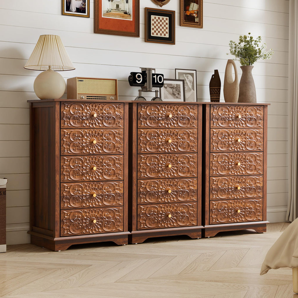 5 Drawer Narrow Wooden Dresser with Gold Handles N587