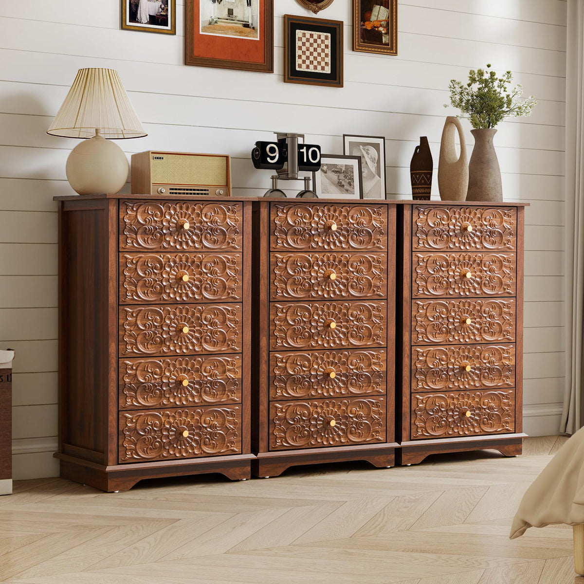 5 Drawer Narrow Wooden Dresser with Gold Handles N587