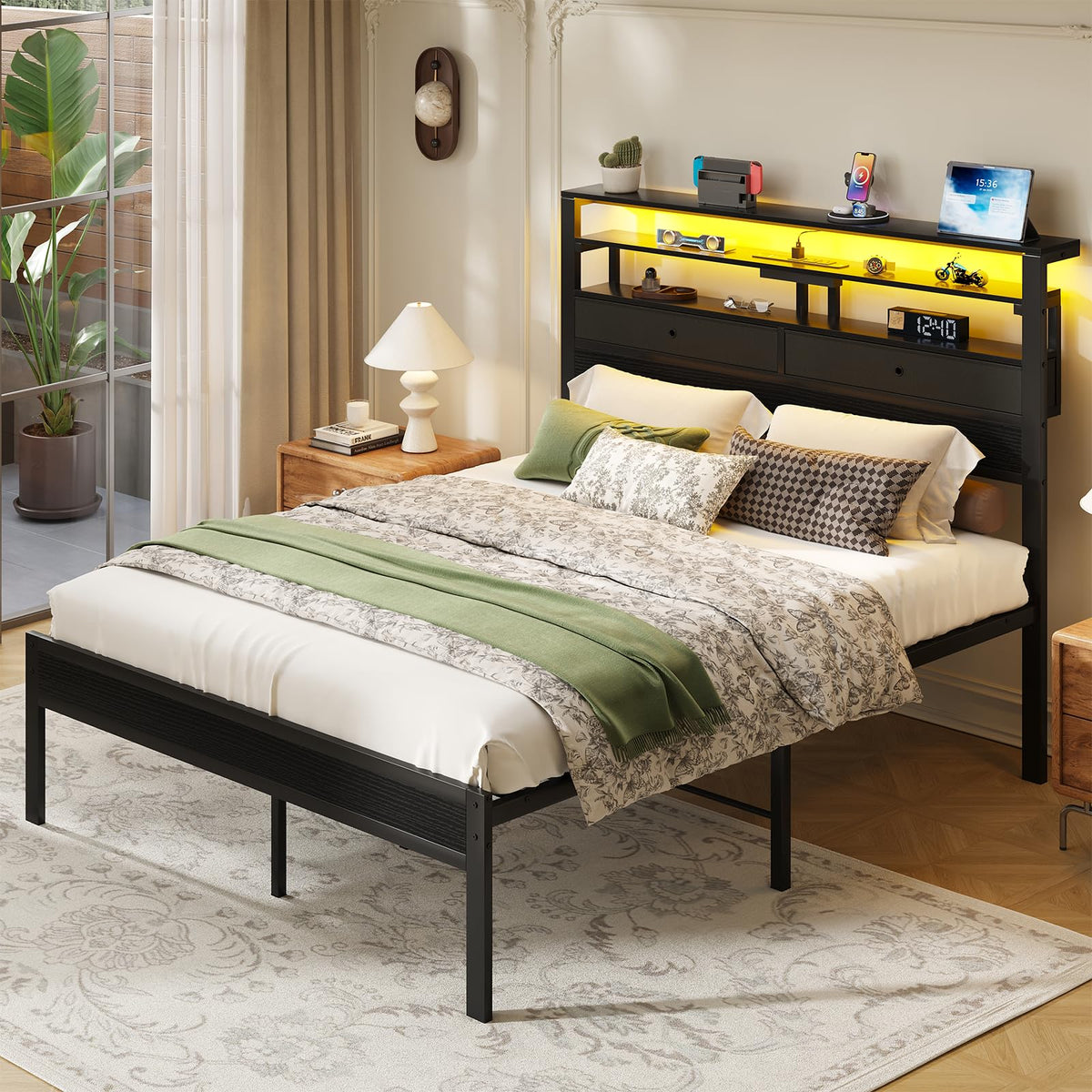 Queen Bed Frame with LED Lights and Charging Station E388026