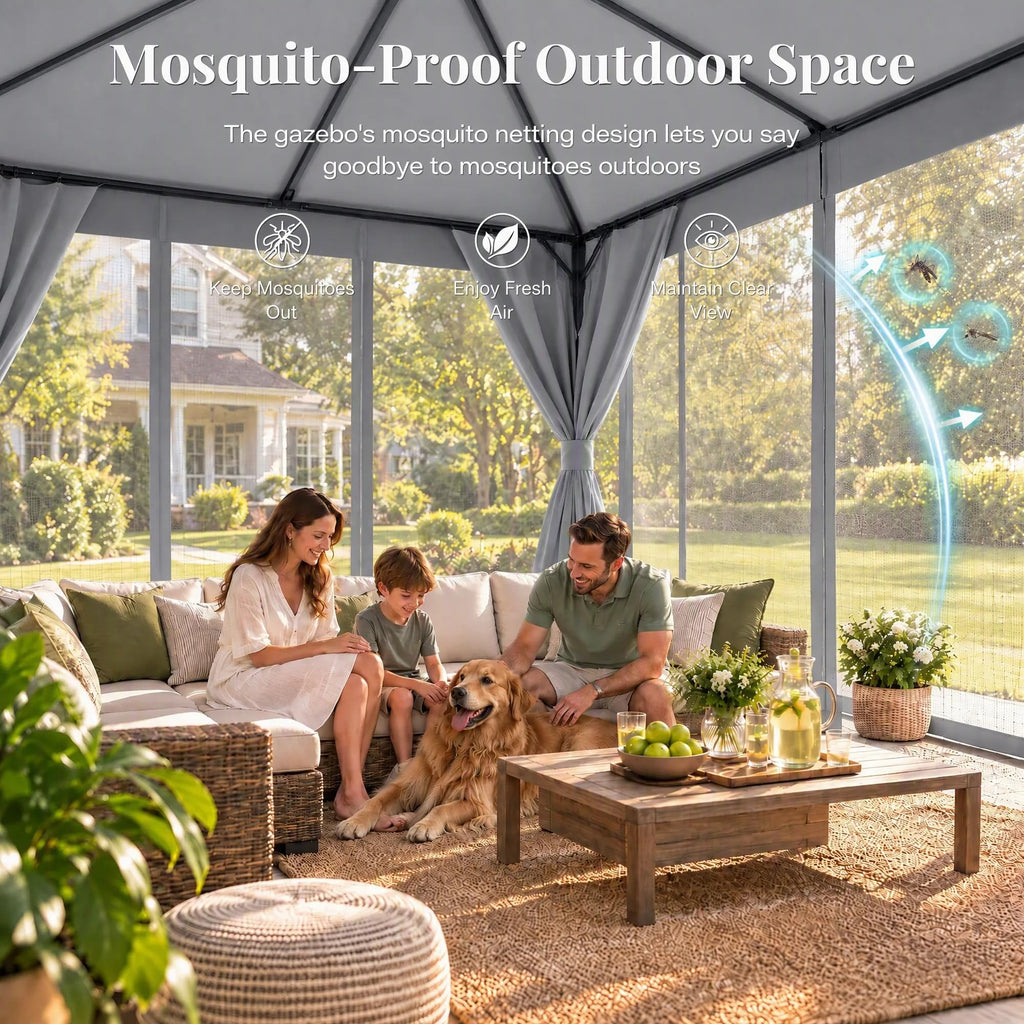 8x8 Gazebo Canopy with Netting, Curtains & Double Roof D887422