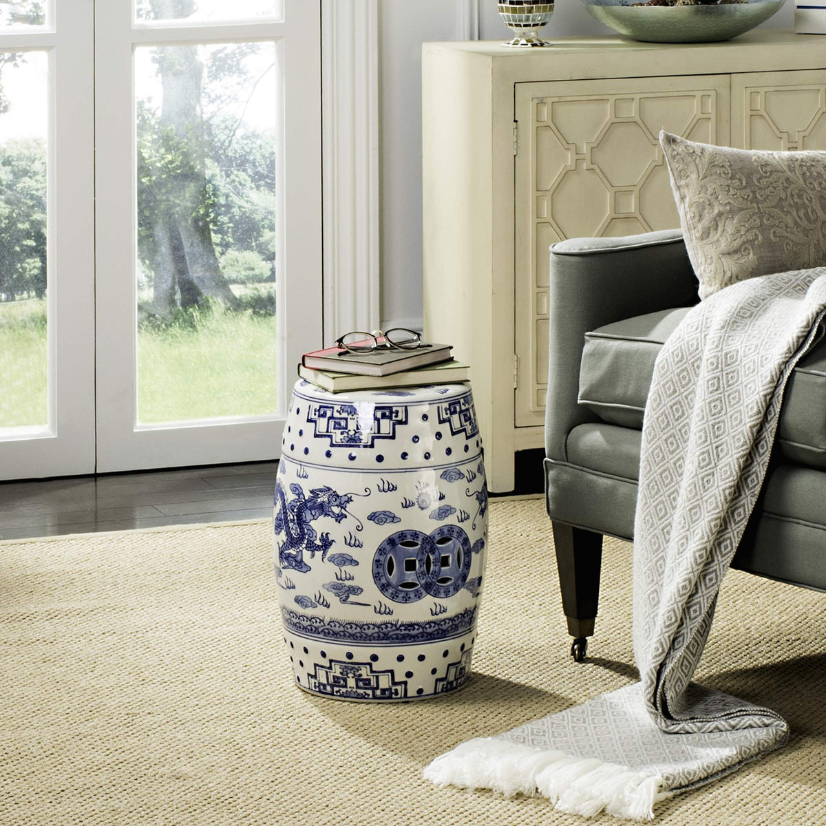 Blue Ceramic Garden Stool V3710